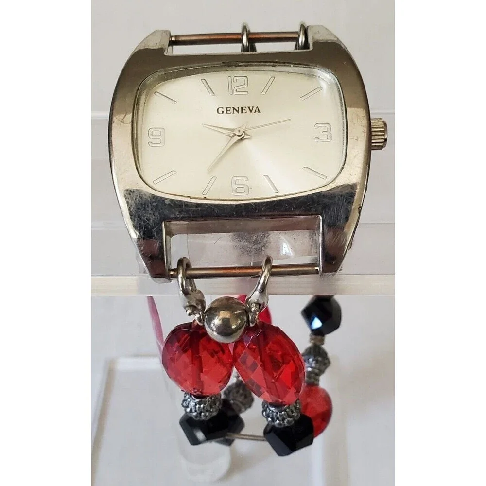 Geneva Womens Quartz Watch Double Beaded Link Bracelet Japan Movt Silver Tone